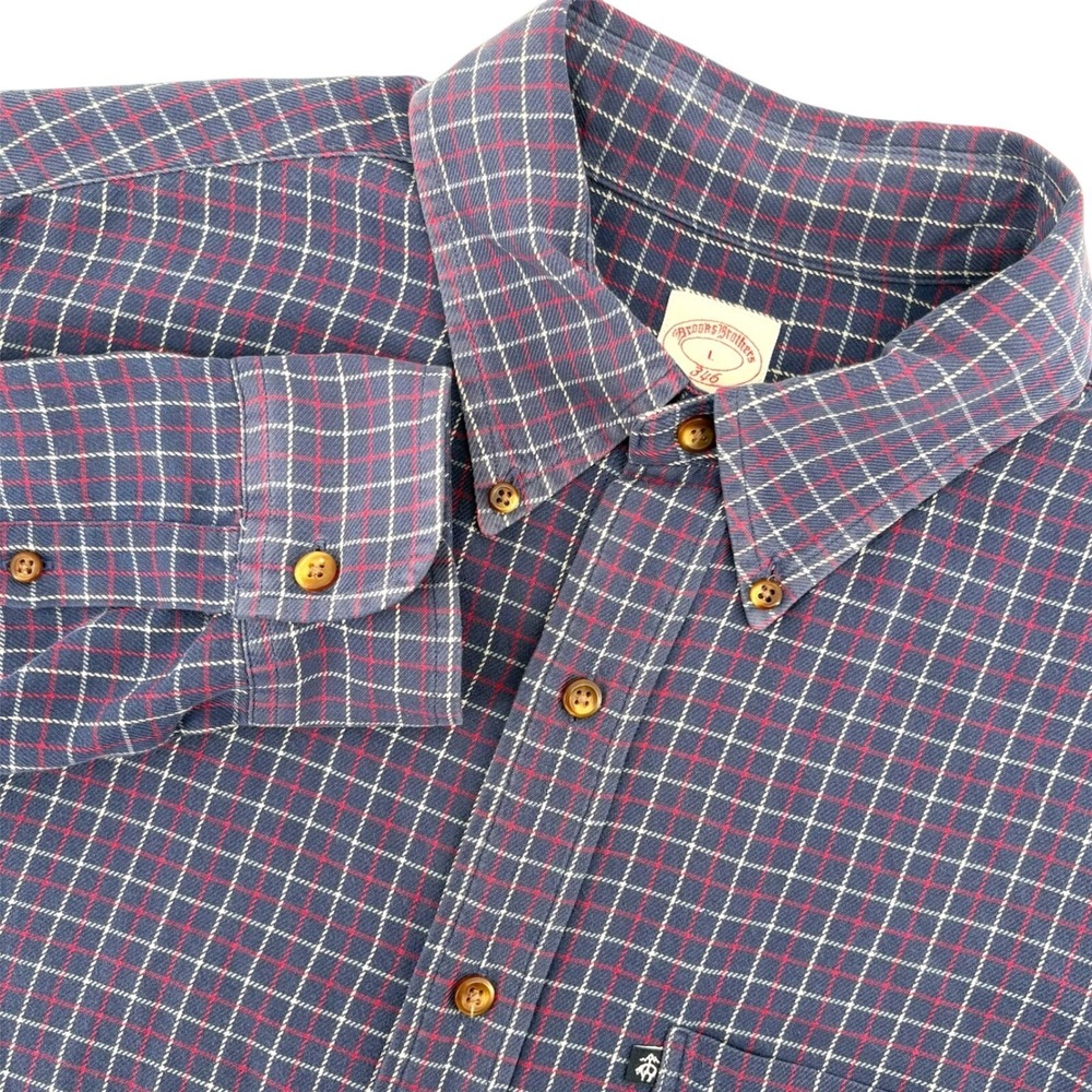 Brooks Brothers 346 Mens Large Navy Red Grid Check Button Down Shirt Long Sleeve